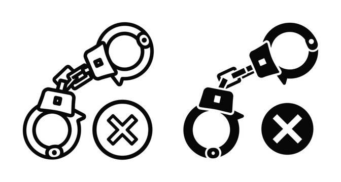 Handcuffs with cross mark icon set representing freedom release from prison human rights legal justice acquittal and end of detention