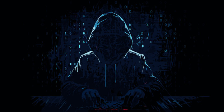 hooded figure with digital code background illustration in dark blue