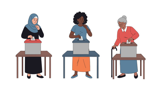 Diverse group of women representing different ages and backgrounds participate in a democratic election by casting their votes in ballot boxes.