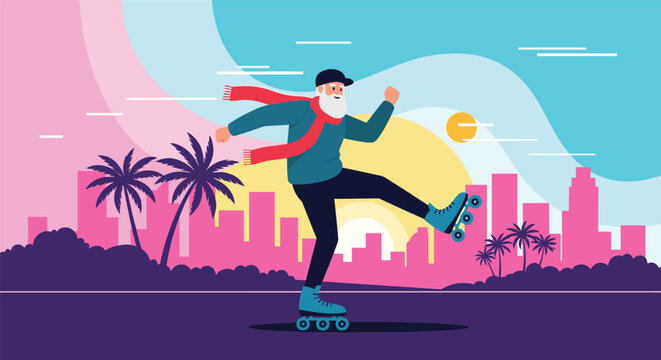 Active senior man enjoys roller skating along a coastal city promenade with palm trees and a colorful sunset backdrop in the background.