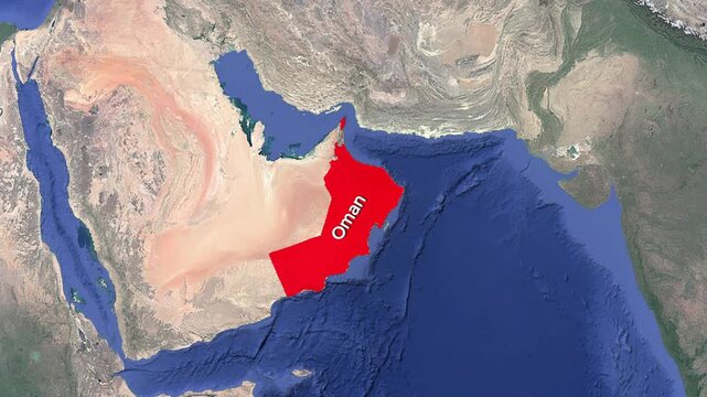 Oman Country Highlighted in Red on Satellite Map Zoom In Animation