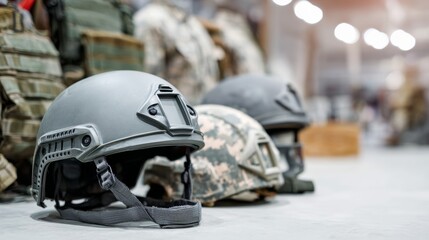 Fototapeta premium Military helmets and protective vests arranged indoors, representing tactical equipment and soldier protection with a uniform focus