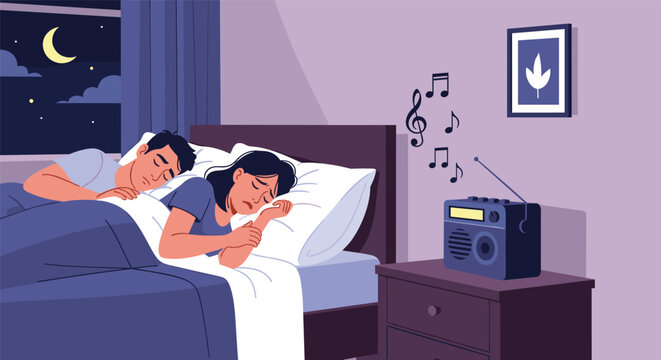 Couple lies in bed at night where the man sleeps peacefully while the woman lies awake listening to music on a bedside radio.