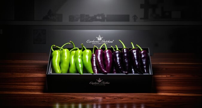 A stylized editorial shot of exotic sweet hot chili pepper arranged in a flawless color spectrum from bright lime green to dark aubergine purple, nestled in a luxury matte black branded box with silve