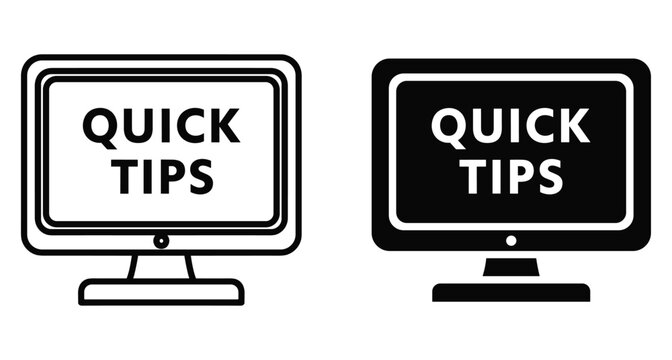 Quick tips computer monitor icon set with outline and solid black versions for digital learning education and online business advice