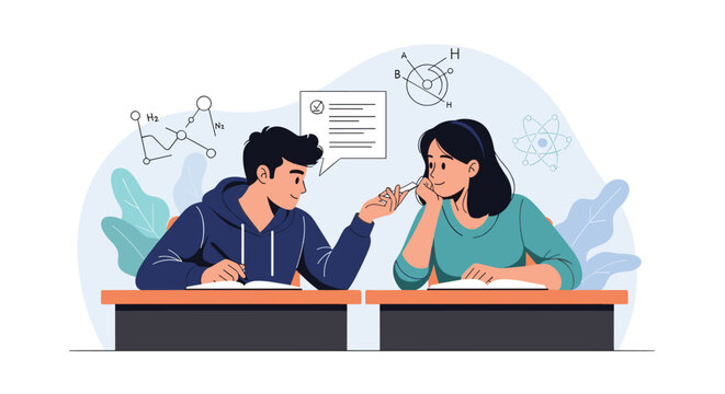 Young male student offers a pencil and helps a female classmate with their academic studies at a school desk with science diagrams.