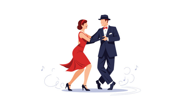 Elegant couple performing energetic swing dance steps in vintage style clothing against a clean white background.