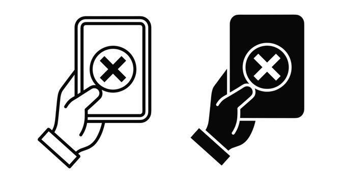 Hand holding card with cross mark symbol representing rejection decline error cancel action in outline and solid black glyph styles