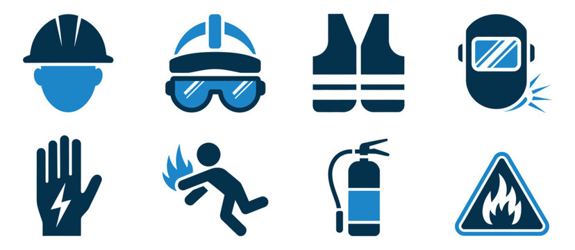 Construction Site Hazard Icon Set, Safety Warning Symbols for Hard Hat Zones, Falling Objects, Wet Floor, Electrical Risk, Restricted Areas, and Industrial Workplace Protection in Clean Flat