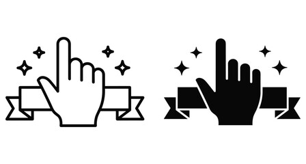 Fototapeta premium Hand pointing finger up with ribbon banner and sparkle stars icon set for web interface design and user interaction