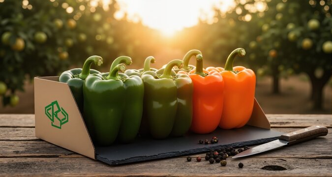 Photorealistic image of glossy bell hot peppers displayed in a gradient on a dark slate board inside a branded, open-top kraft paper box with a modern green logo, centered on a reclaimed wood table. T