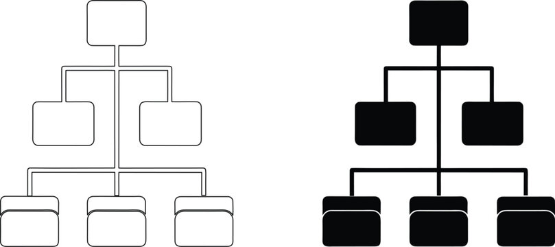 Organizational chart hierarchy diagram icon set showing structure in line and solid style.