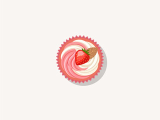 Top view strawberry cupcake with pink white swirl frosting, fresh strawberry, and mint leaf vector illustration © Akasha Design