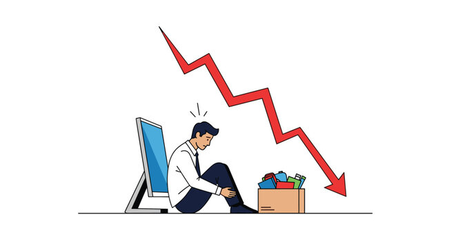 Depressed office worker sitting on the floor with a box of personal belongings next to a monitor and a declining red graph arrow.