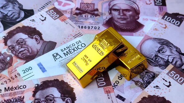 Mexican gold bars or ingots as a tool for balance, financial investment, and savings. Mexican gold bars as a financial backdrop for your design
