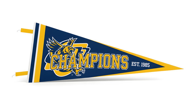 A blue and yellow pennant flag with a champion logo on a white background