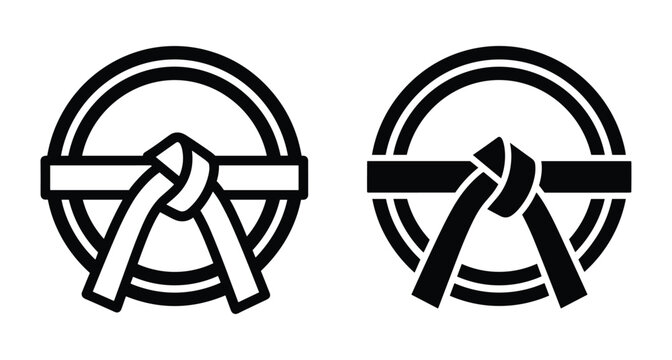 Martial arts black belt icons in circle frame showing karate judo taekwondo rank achievement symbol for sports competition and training