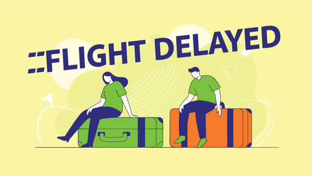 Two travelers are sitting on their suitcases looking very bored and tired because their flight is delayed.