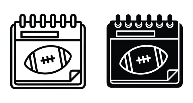 American football game schedule calendar icon set with outline and solid versions for sports event planning and tournament date tracking