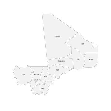 Mali political map of administrative divisions - regions and capital district of Bamako. Grey handdrawn doodle style map with black outline borders and name labels.