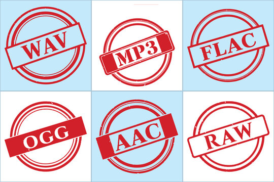 Flat vector graphic showcasing six stamped audio formats: WAV, MP3, FLAC, OGG, AAC, RAW. Red circular stamps on light blue background.