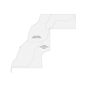 Western map of land divided between Morocco and Sahrawi Arab Democratic Republic by Moroccan Western Sahara Wall. Grey handdrawn doodle style map with black outline borders and name labels.