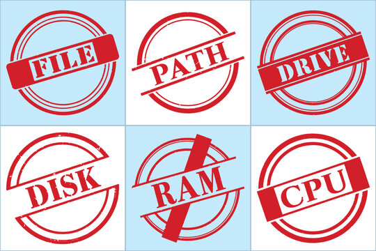 A flat vector graphic featuring six circular stamps labeled FILE, PATH, DRIVE, DISK, RAM, and CPU. Each stamp is bold and red with a clean, modern design.
