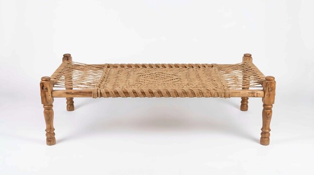 Traditional wooden charpai bed featuring intricate handwoven rope patterns for comfortable outdoor or indoor rustic seating