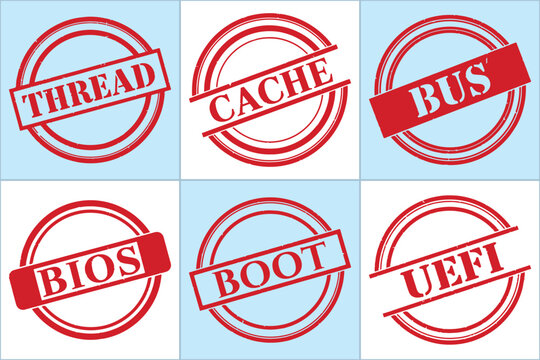 A flat vector graphic showcasing six key computer system components: Thread, Cache, Bus, BIOS, Boot, and UEFI, each labeled with bold red stamps.