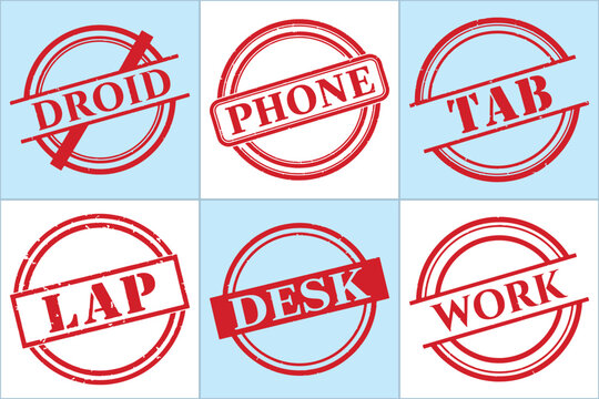 A flat vector graphic featuring six stamped words in bold red text: DROID, PHONE, TAB, LAP, DESK, WORK, arranged in a grid layout.