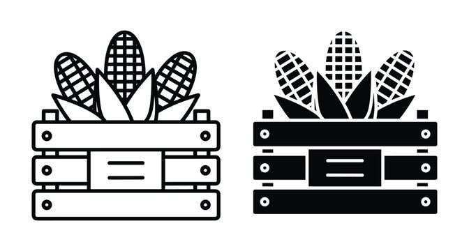Wooden crate filled with fresh corn cobs icon set in outline and solid black styles for harvest farming agriculture and market design elements
