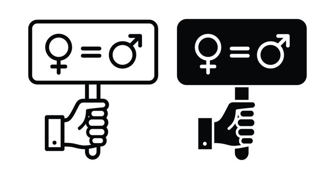 Hand holding placard with gender equality symbols representing equal rights for men and women in society protest and activism