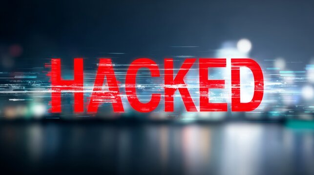 HACKED text displaying digital glitch effect, warning about cyber attack and data security breach with network background
