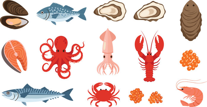 Seafood vector set with salmon, shrimp, lobster, squid, fish, crab, oysters, and caviar. Perfect for marine life, seafood designs, and restaurant themes.