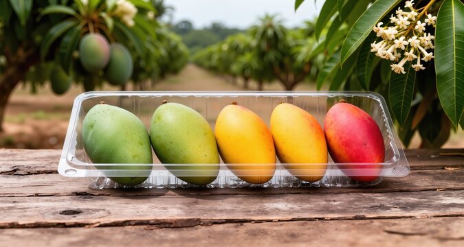 Seven mangoes in a clear disposable plastic clamshell container, arranged in a gradient row from hard green unripe to soft yellow-orange-red ripe, rustic wooden table, blurred tropical mango plantatio