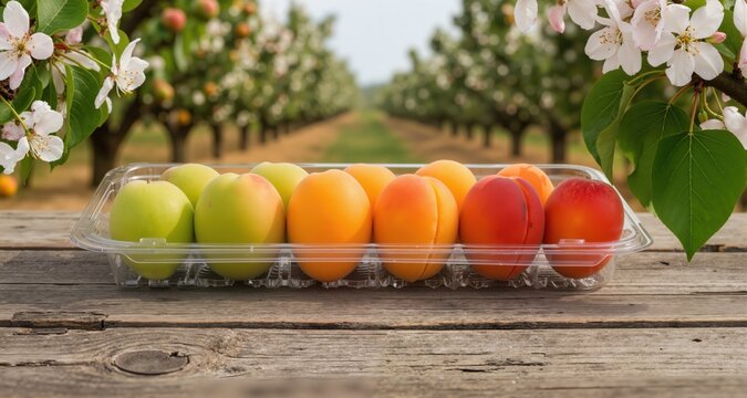 Seven apricots in a clear disposable plastic clamshell container, arranged in a gradient row from greenish-yellow unripe to deep orange ripe, rustic wooden table, blurred apricot orchard background, a