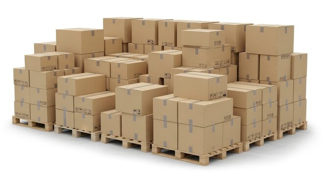 Large stack of cardboard boxes on wooden pallets isolated on white background for shipping and logistics