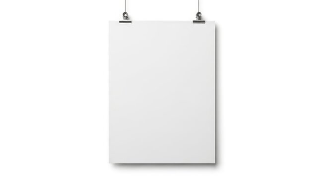 Blank white vertical poster mockup hanging with two metal binder clips isolated on white background