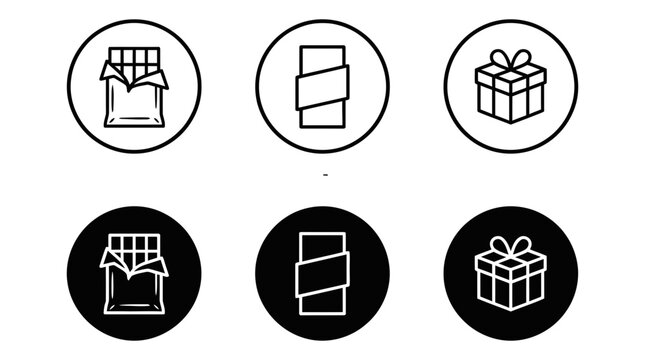 Chocolate bar and gift box icons in circles white and black chocolate illustration collection silhouette
