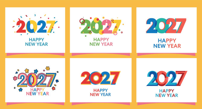 Vibrant 2027 Happy New Year Vector Card Set with Colorful Confetti, Stars, Bold Typography and Festive Celebration Designs