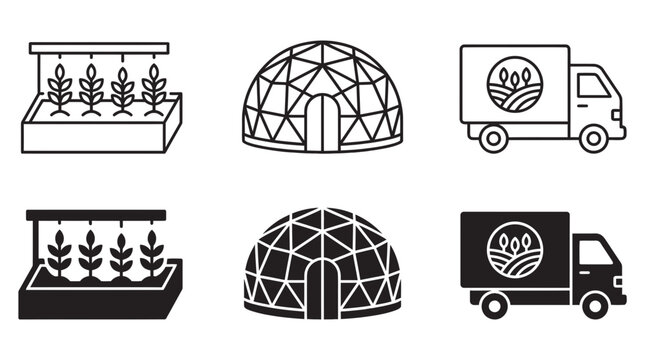 Urban farming and distribution icons: hydroponic system geodesic dome truck with hydroponics, geodesic