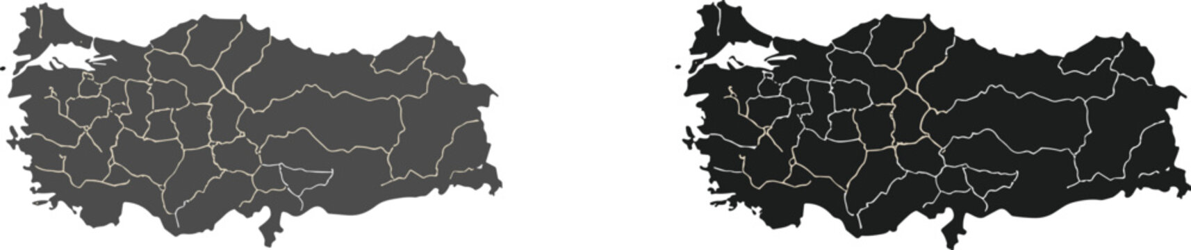 Turkey Map Vector Set. Detailed maps of Turkey with regions outlined in contrasting colors for clear geographical representation.