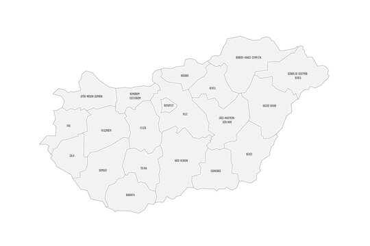 Hungary political map of administrative divisions - counties and autonomous city of Budapest. Grey handdrawn doodle style map with black outline borders and name labels.
