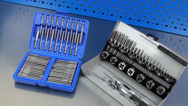 A set of tools for threading in a metal case.A set of metal bits for installation work in a plastic case.