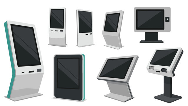 Diverse collection of modern digital information kiosks and touch screen terminals in various sleek designs and orientations for public use.