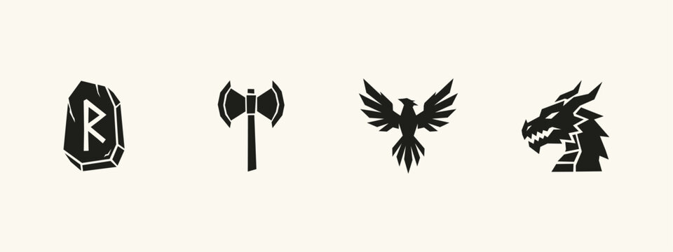 Black minimalist fantasy gaming icons collection featuring rune stone axe phoenix and dragon