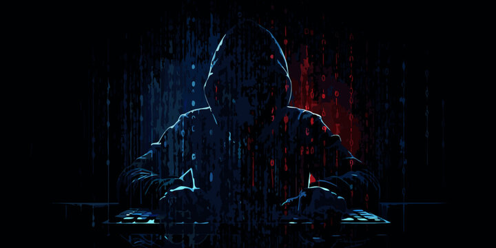 hooded figure silhouette at computer with digital code background