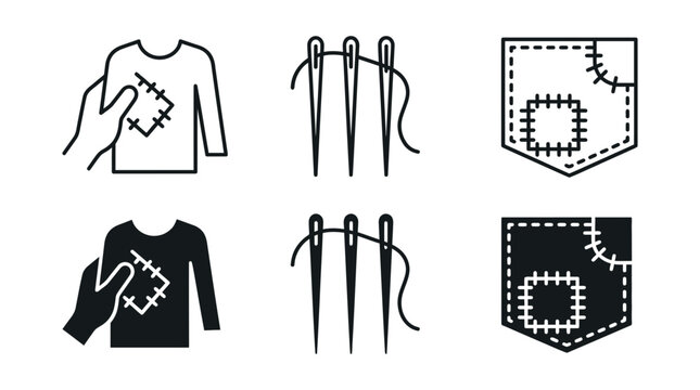 Clothing repair and mending icon set with hand patching shirt needles patched pocket patching handmade