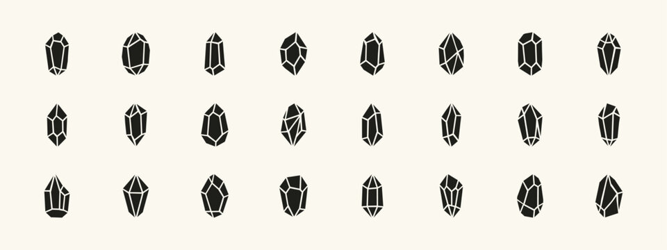 Vector set of various black crystal silhouettes and geometric gemstone shapes on white background