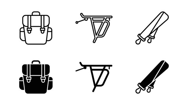 Outdoor adventure and cycling gear icon set with backpack seatpost rack sleeping mat backpack sleeping